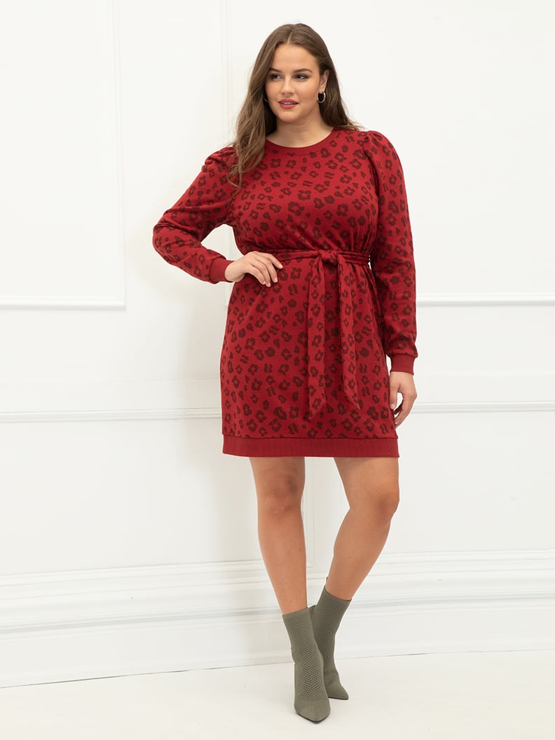 Eloquii Elements Plus-Size Puff Sleeve Leopard Print Sweatshirt Dress With Belt