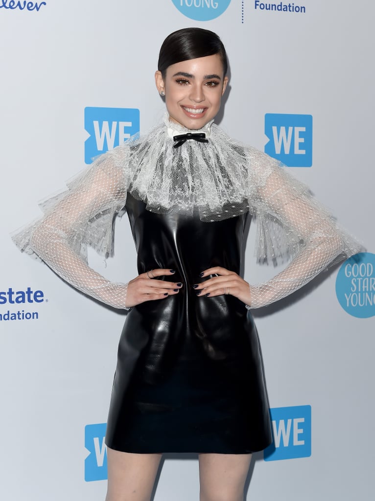 Wearing a Philosophi Di Lorenzo Serafini leather lace dress at the 2018 WE Day.