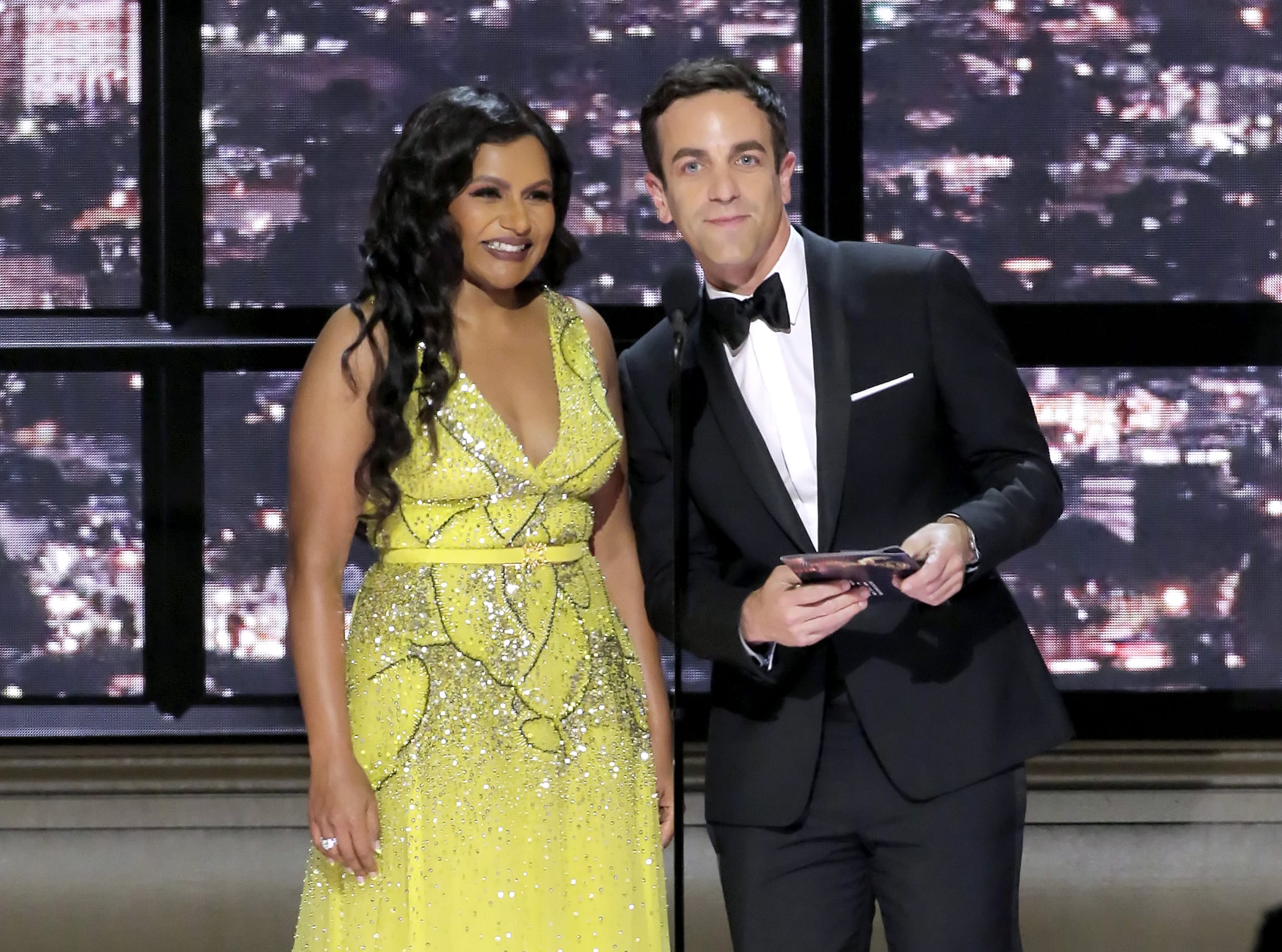 LOS ANGELES, CALIFORNIA - SEPTEMBER 12: 74th ANNUAL PRIMETIME EMMY AWARDS -- Pictured: (l-r) Mindy Kaling and B.J. Novak speak on stage during the 74th Annual Primetime Emmy Awards held at the Microsoft Theatre on September 12, 2022. -- (Photo by Chris Haston/NBC via Getty Images)