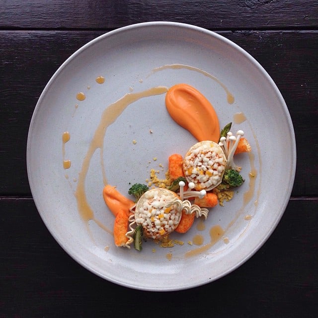 "2nite's special" from the chef: Hawaiian Bagel Bites, Cheetos, baby carrot and ranch puree, small vegetables, and chipotle oil.
