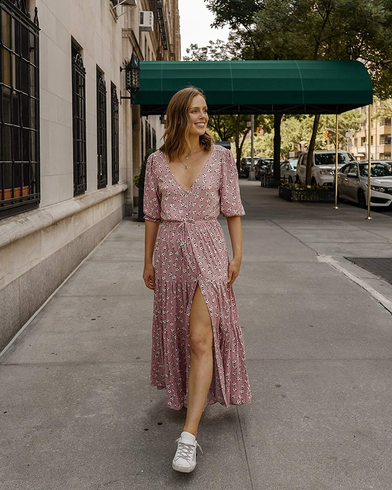 The Drop Blush Pink Floral V-Neck Button-Down Tiered Maxi Dress by @charlottebridgeman