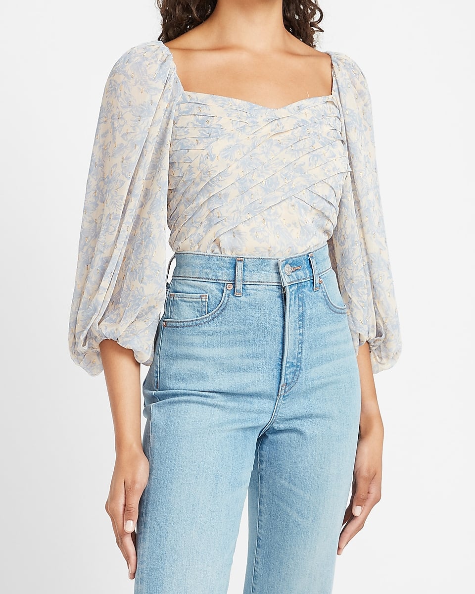 Express Metallic Floral Pleated Balloon Sleeve Top | Spruce Up 