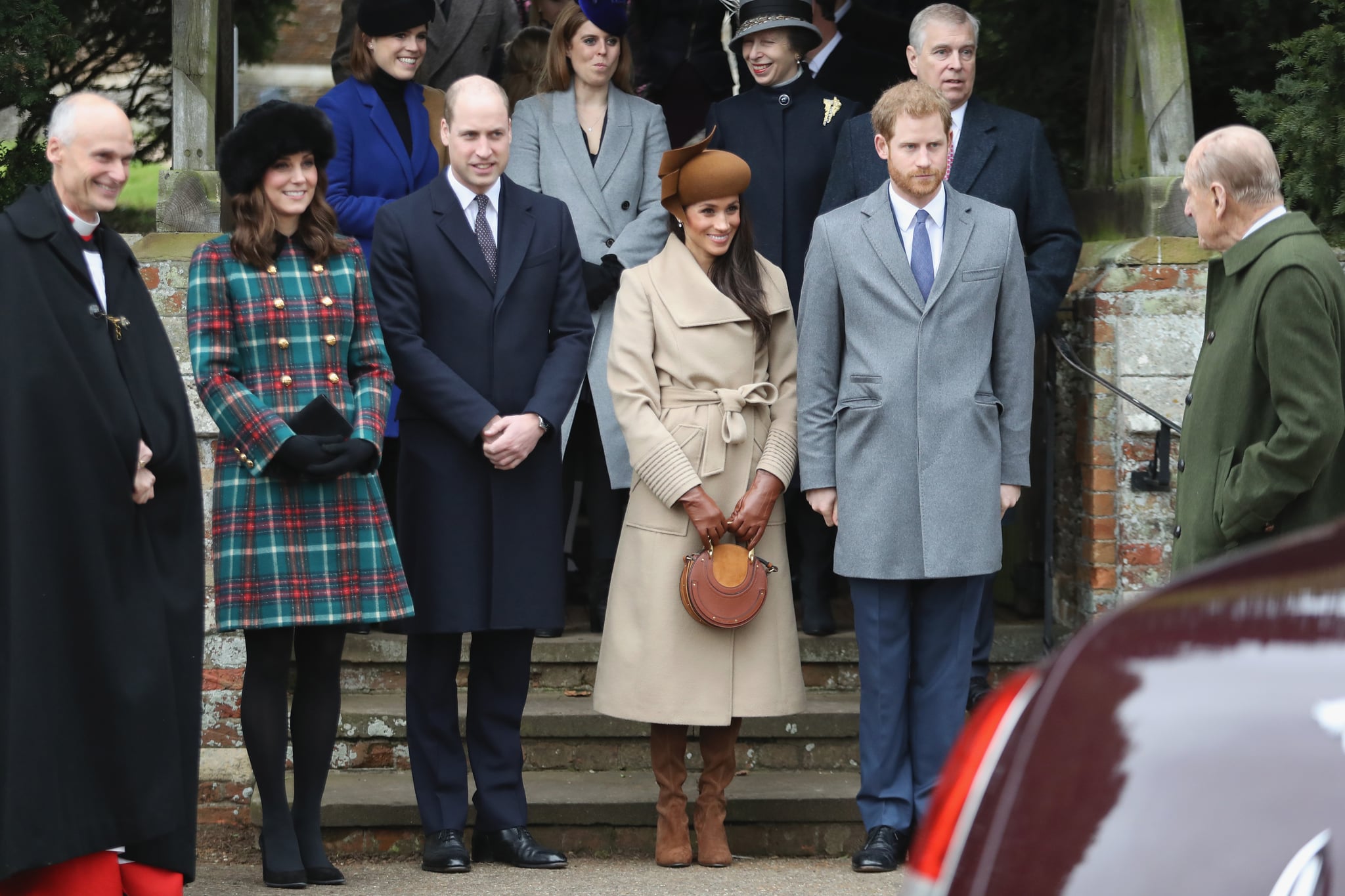 KING'S LYNN, ENGLAND - DECEMBER 25:  Princess Beatrice, Princess Eugenie, Princess Anne, Princess Royal, Prince Andrew, Duke of York, Prince William, Duke of Cambridge, Prince Philip, Duke of Edinburgh, Catherine, Duchess of Cambridge, Meghan Markle and Prince Harry attend Christmas Day Church service at Church of St Mary Magdalene on December 25, 2017 in King's Lynn, England.  (Photo by Chris Jackson/Getty Images)