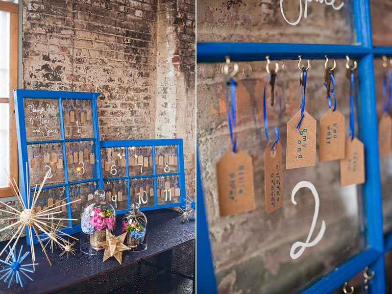 The escort cards lead to the 11 Who-themed tables and are arranged next to modern star props, a subtle nod to the show's sci-fi themes.
Source: Green Wedding Shoes