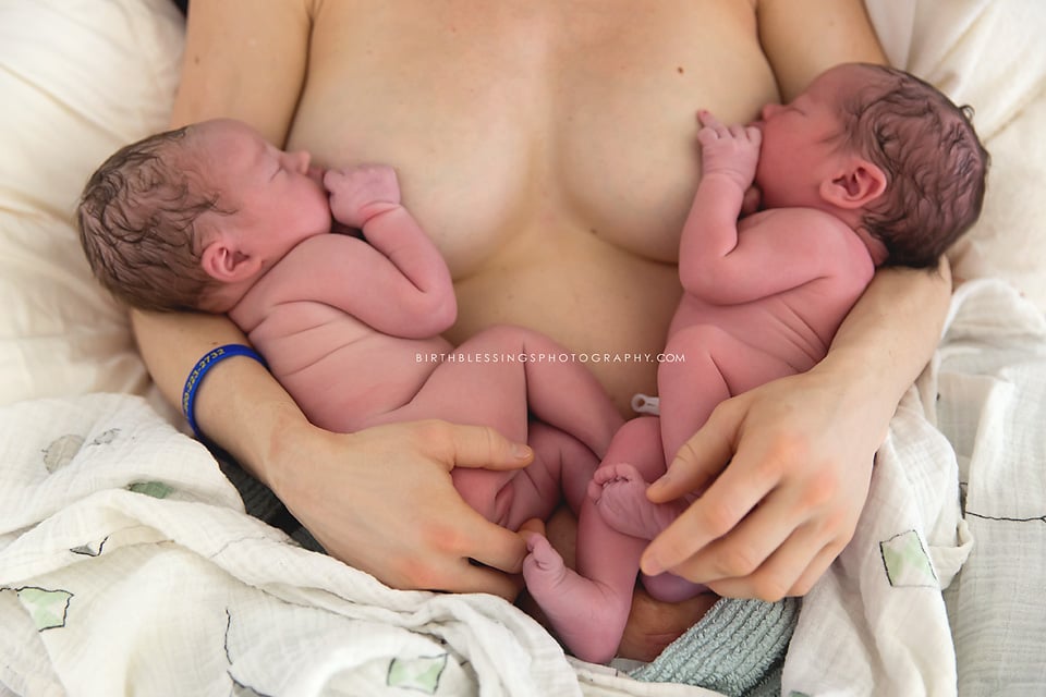 Birth Photos of Dad Delivering Twins in Tub
