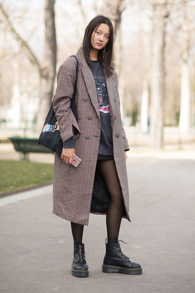 Style Them With Sheer Tights, a Checkered Coat, and an Oversize Tee