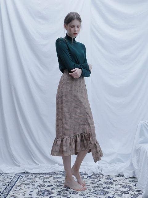 Shirring Check Skirt Brown