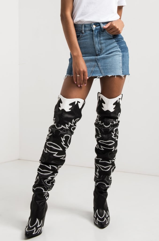 Cape Robbin Kelsey-21 Black White Rockstar Western Pointed Slouchy Thigh Boot