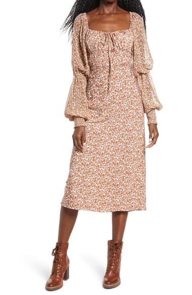 Free People Aglow Smocked Long Sleeve Midi Dress