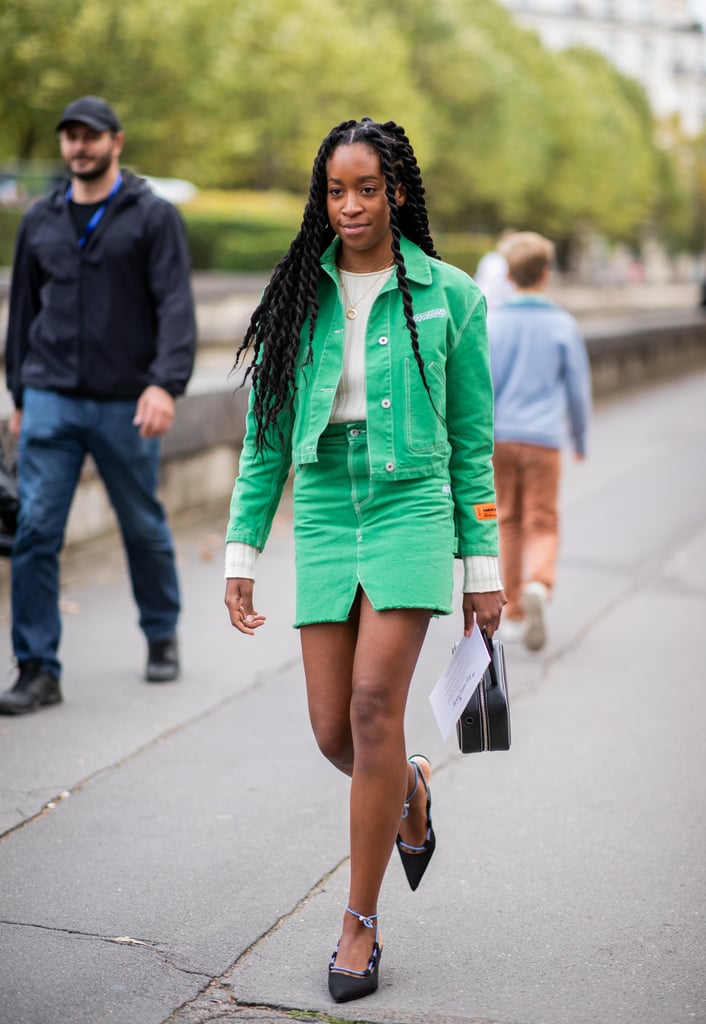 Take colored denim for a spin by teaming together a matching jacket and miniskirt.