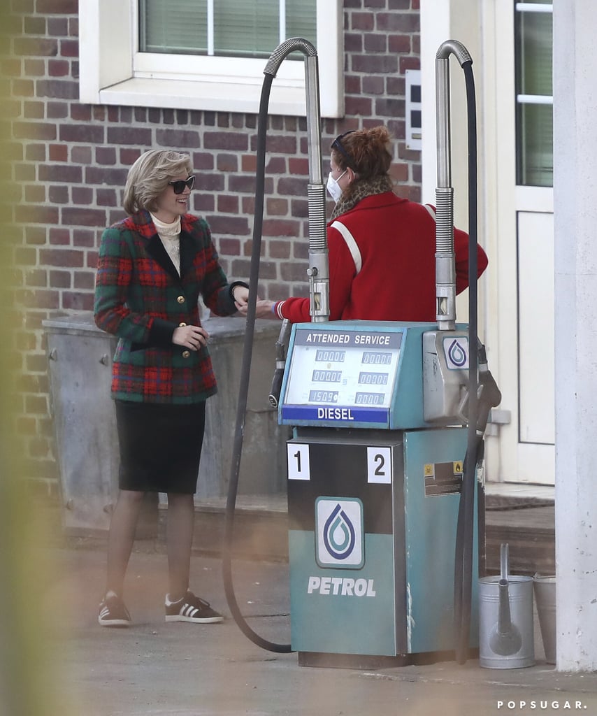 Kristen Stewart as Princess Diana in a Tartan Blazer on Set