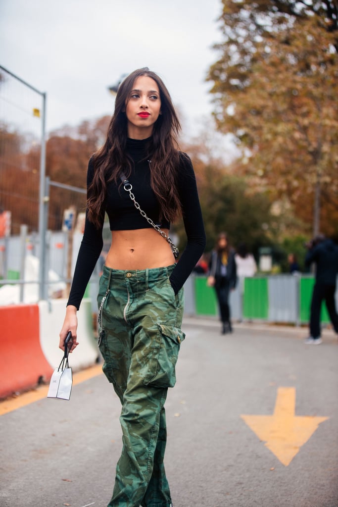 Style a camo pair with a crop top chain-link bag.