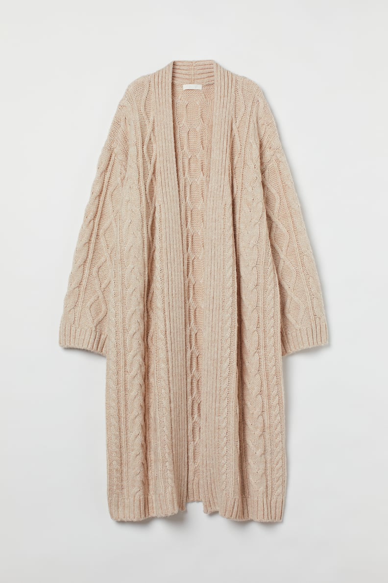 Long Cable-Knit Open Cardigan
