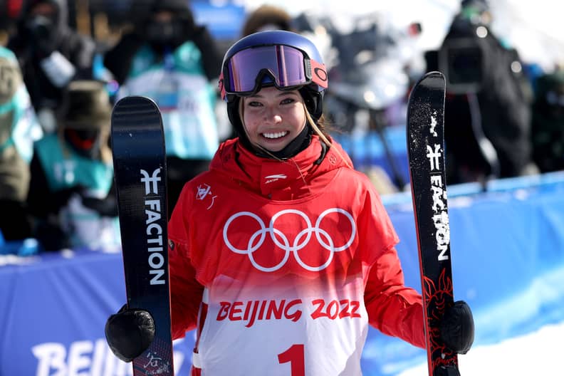 ZHANGJIAKOU, CHINA - FEBRUARY 18: Ailing Eileen Gu of Team China celebrates winning the Gold medal during the Women's Freestyle Freeski Halfpipe Final on Day 14 of the Beijing 2022 Winter Olympics at Genting Snow Park on February 18, 2022 in Zhangjiakou, 