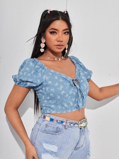 Shein Butterfly Print Drawstring Ruched Denim Top