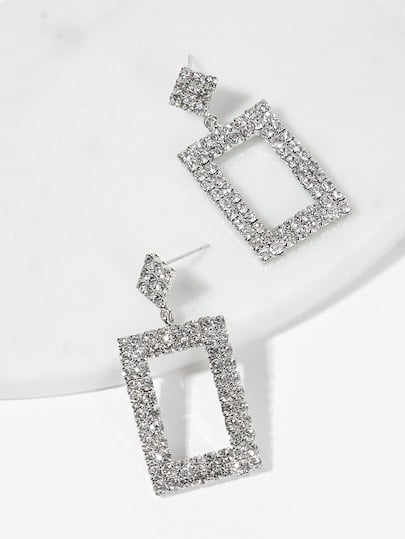 Romwe Open Rhinestone Rectangle Drop Earrings