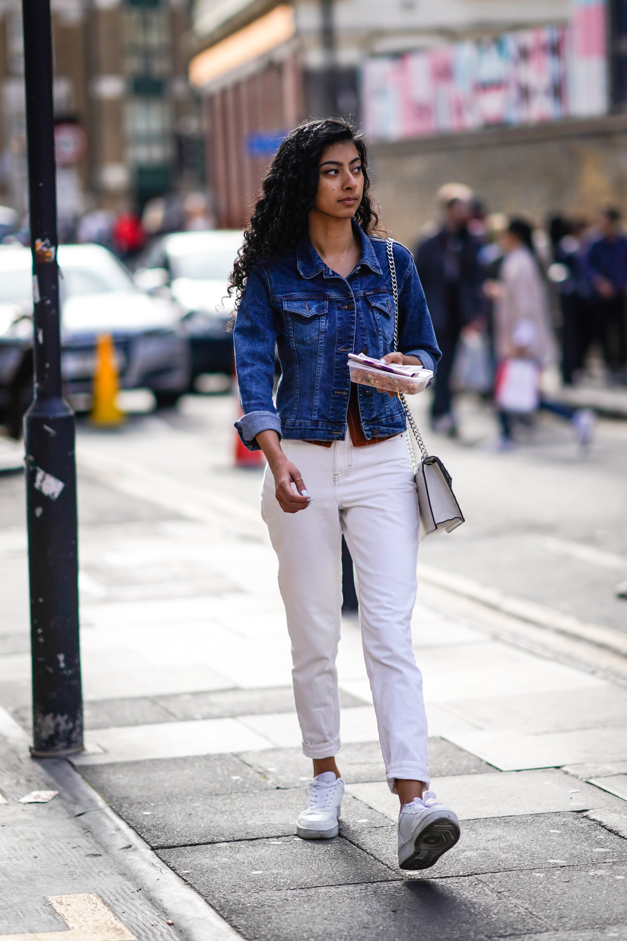 white jacket with blue jeans