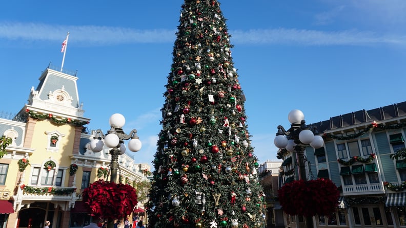 A 60-foot Christmas tree with nearly 1,800 ornaments welcomes park-goers onto Main Street USA.