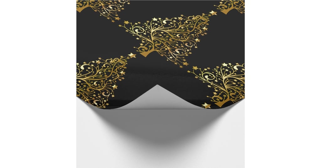 Merry Christmas Tree Stars Black Gold Shiny Wrapping Paper