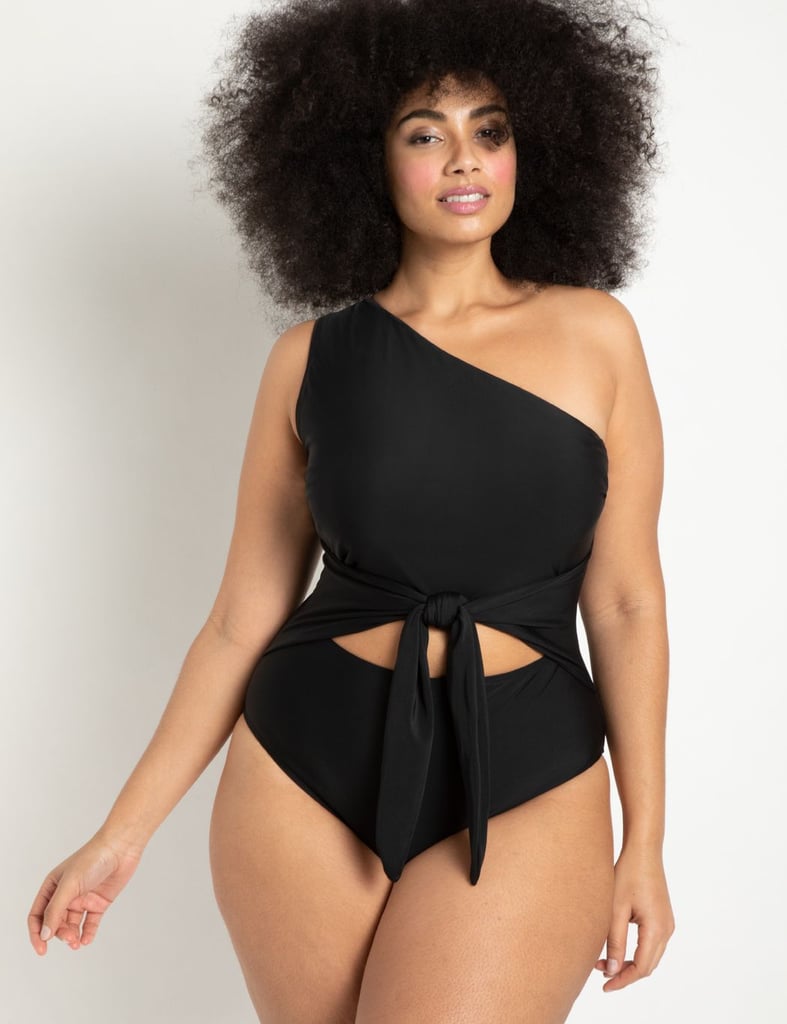 The Perfect Black Swimsuit: Eloquii One-Shoulder Tie-Front Swimsuit