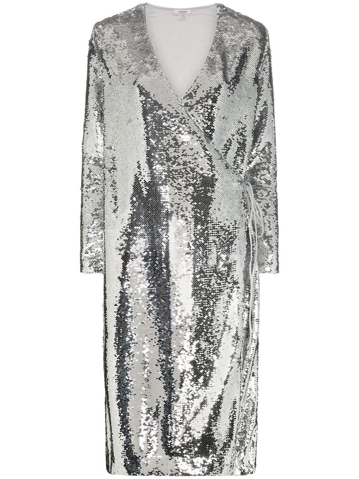 Ganni Sonora Sequin Wrap Dress Mandy Moore s Silver Sequinned