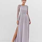maya allover contrast tonal delicate sequin dress with satin waist in taupe blush