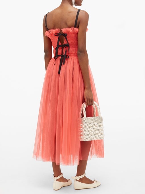 Molly Goddard Shelly Lace-Up Smocked Tulle Dress