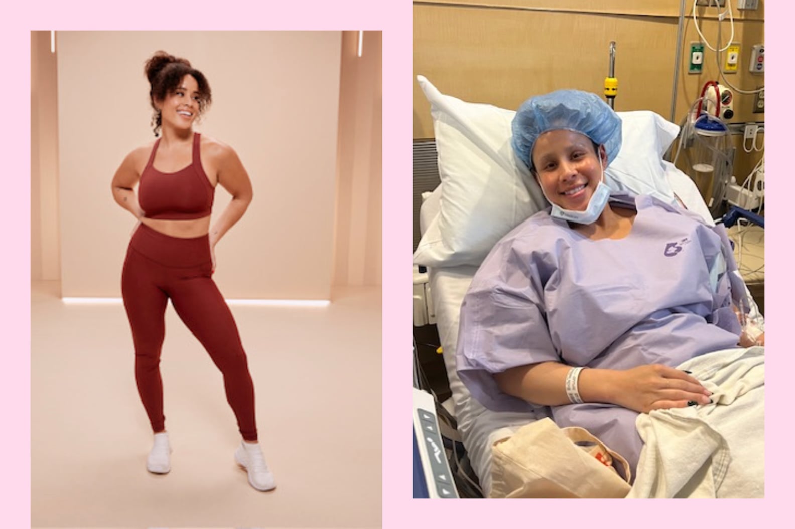 Amanda Butler, fitness instructor, posing on set for a workout and in bed at a hospital.