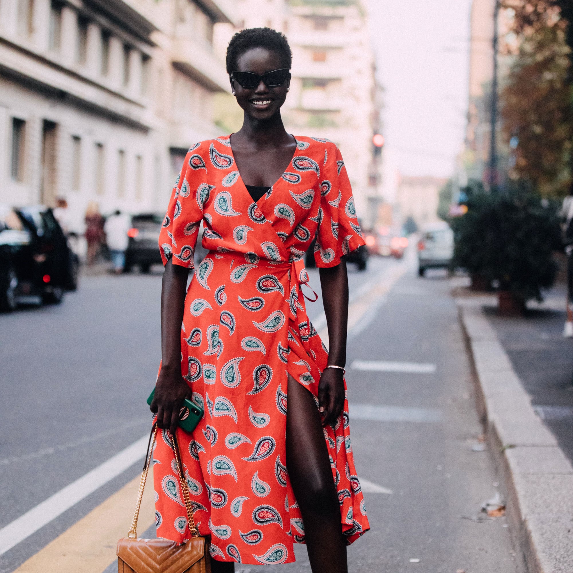 silk dress and sneakers