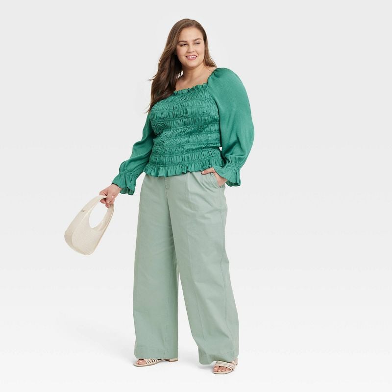 A New Day Women's Puff Long Sleeve Slim Fit Smocked Top