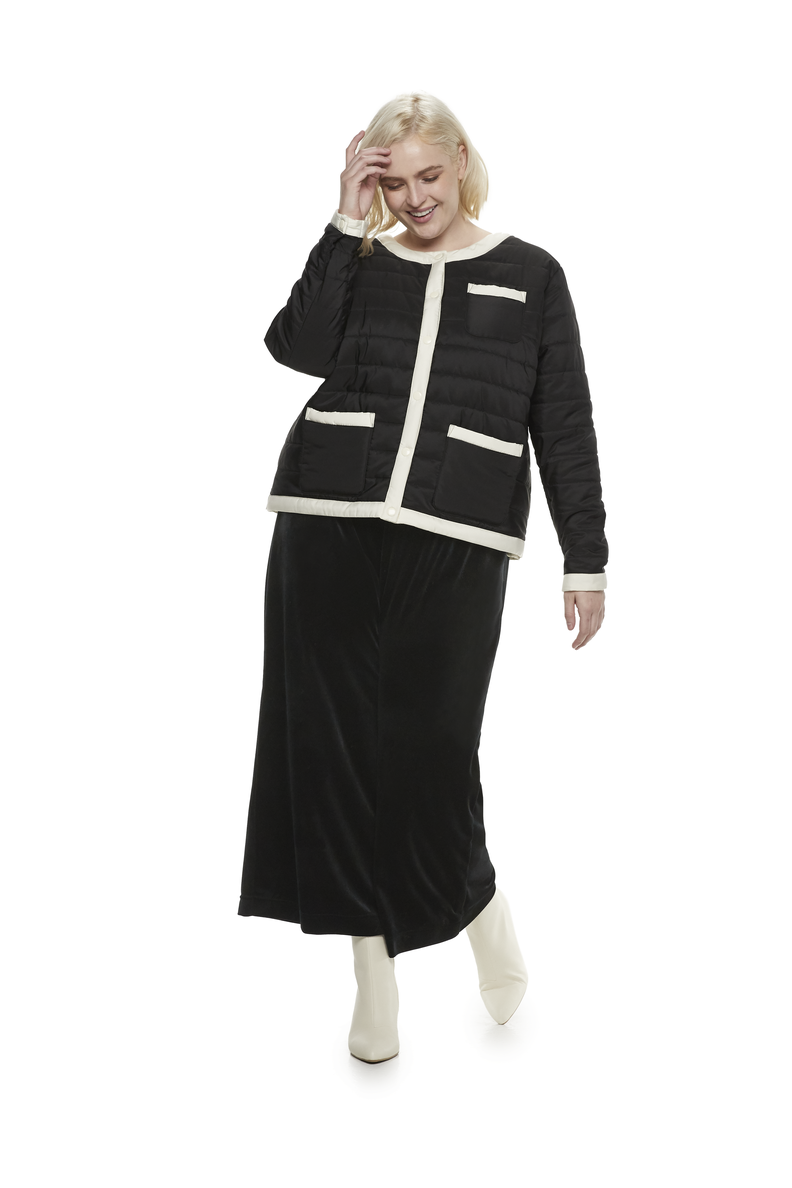 Collarless Colorblocked Puffer in Jet Black