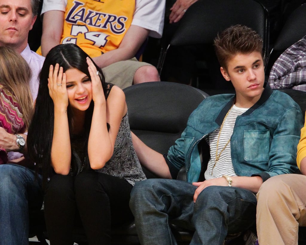Selena Gomez had a look of worry while watching the Lakers play with then-boyfriend Justin Bieber in April 2012.