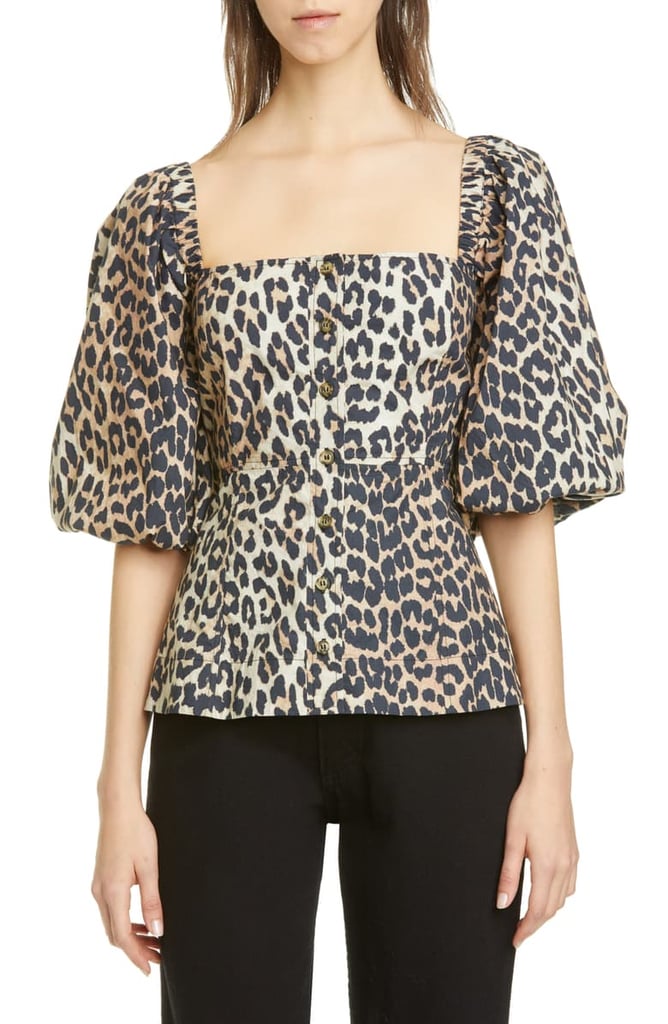 Ganni Leopard Print Puff Sleeve Blouse