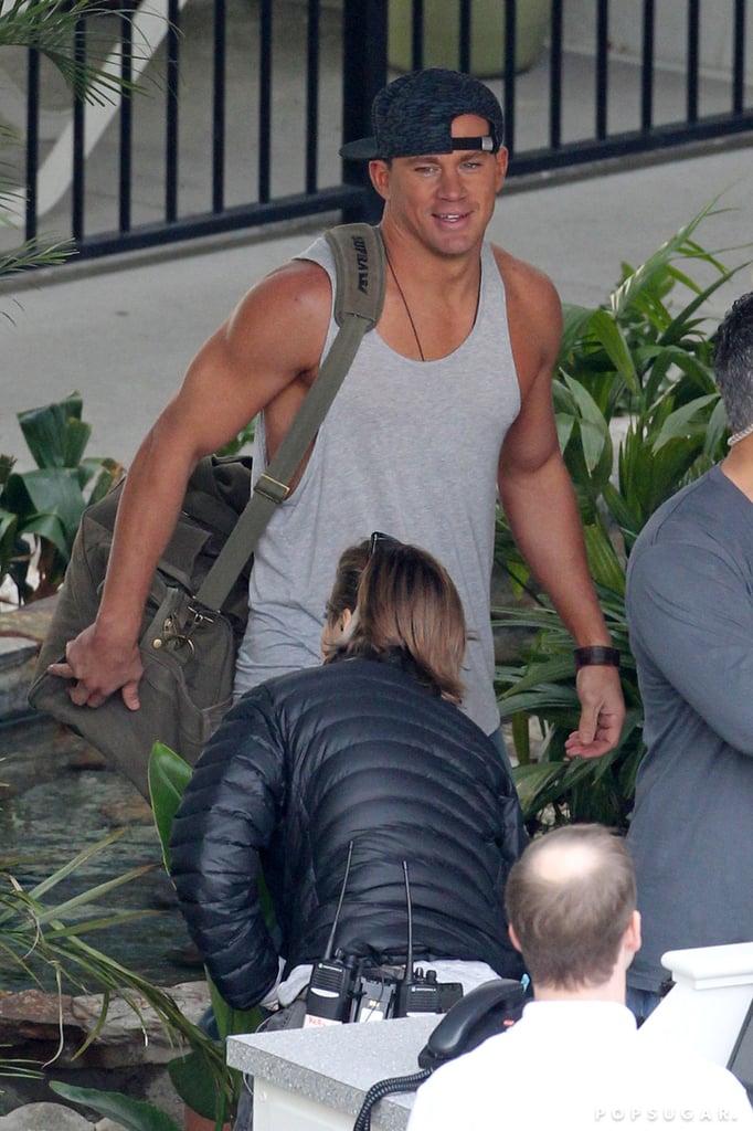 Channing Tatum showed off his muscles and his tan while filming Magic Mike XXL in South Carolina on Tuesday.