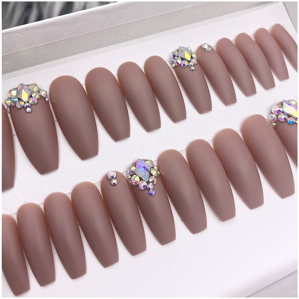 The Nailest Dazzle Solid Matte Taupe Crystal Accent Long Coffin Nail Shape