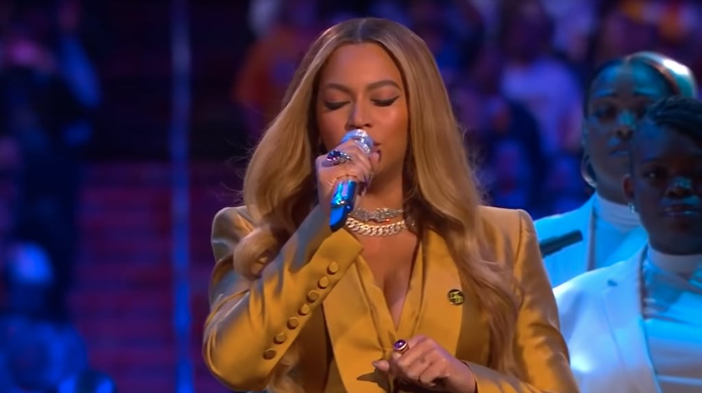 Beyoncé's Honey-Yellow Suit at the Kobe and Gigi Bryant Memorial