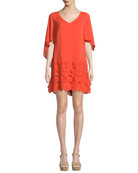 Tahari ASL V-Neck Embroidered-Hem Cape Dress