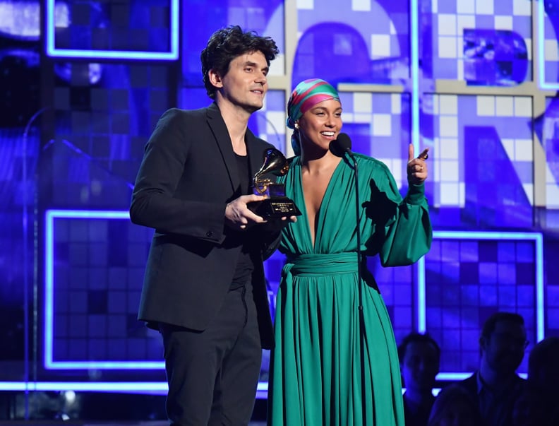LOS ANGELES, CA - FEBRUARY 10:  John Mayer (L) and Alicia Keys speak onstage during the 61st Annual GRAMMY Awards at Staples Center on February 10, 2019 in Los Angeles, California.  (Photo by Jeff Kravitz/FilmMagic)
