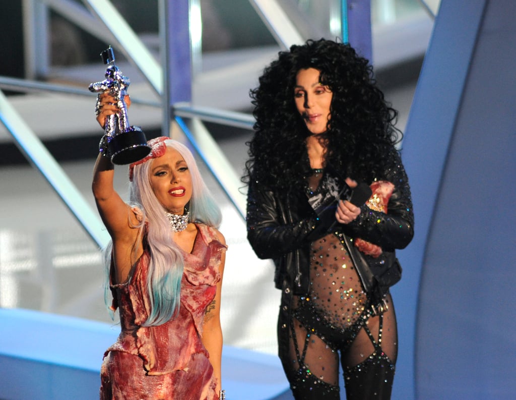 Lady Gaga Accepting an Award From Cher in Her Famous Meat Dress (2010)