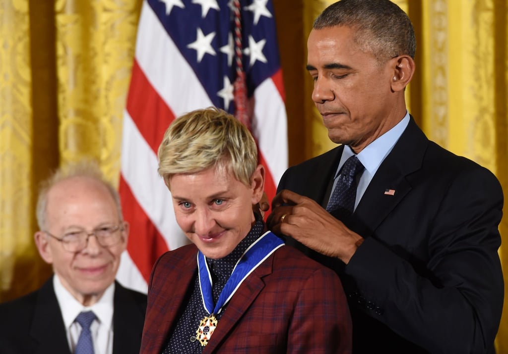 At the Presidential Medal of Freedom Ceremony in November 2016, Ellen DeGeneres couldn't help but tear up as Barack placed the medal around her neck.