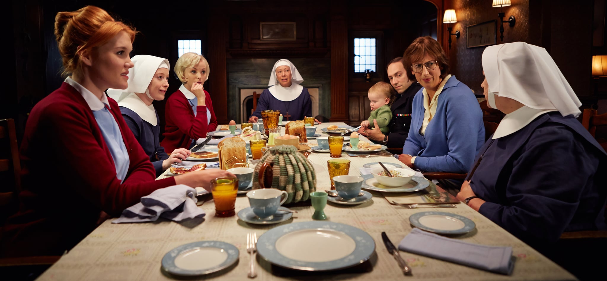 CALL THE MIDWIFE, (from left): Emerald Fennell, Victoria Yeates, Helen George, Jenny Agutter, Ben Caplan, Miranda Hart, Pam Ferris (back to camera), (Season 4, ep. 401, aired Jan. 18, 2015 in UK/aired March 29, 2015 in US). photo: Robert Viglasky / Neal Street Prod./PBS /courtesy Everett Collection