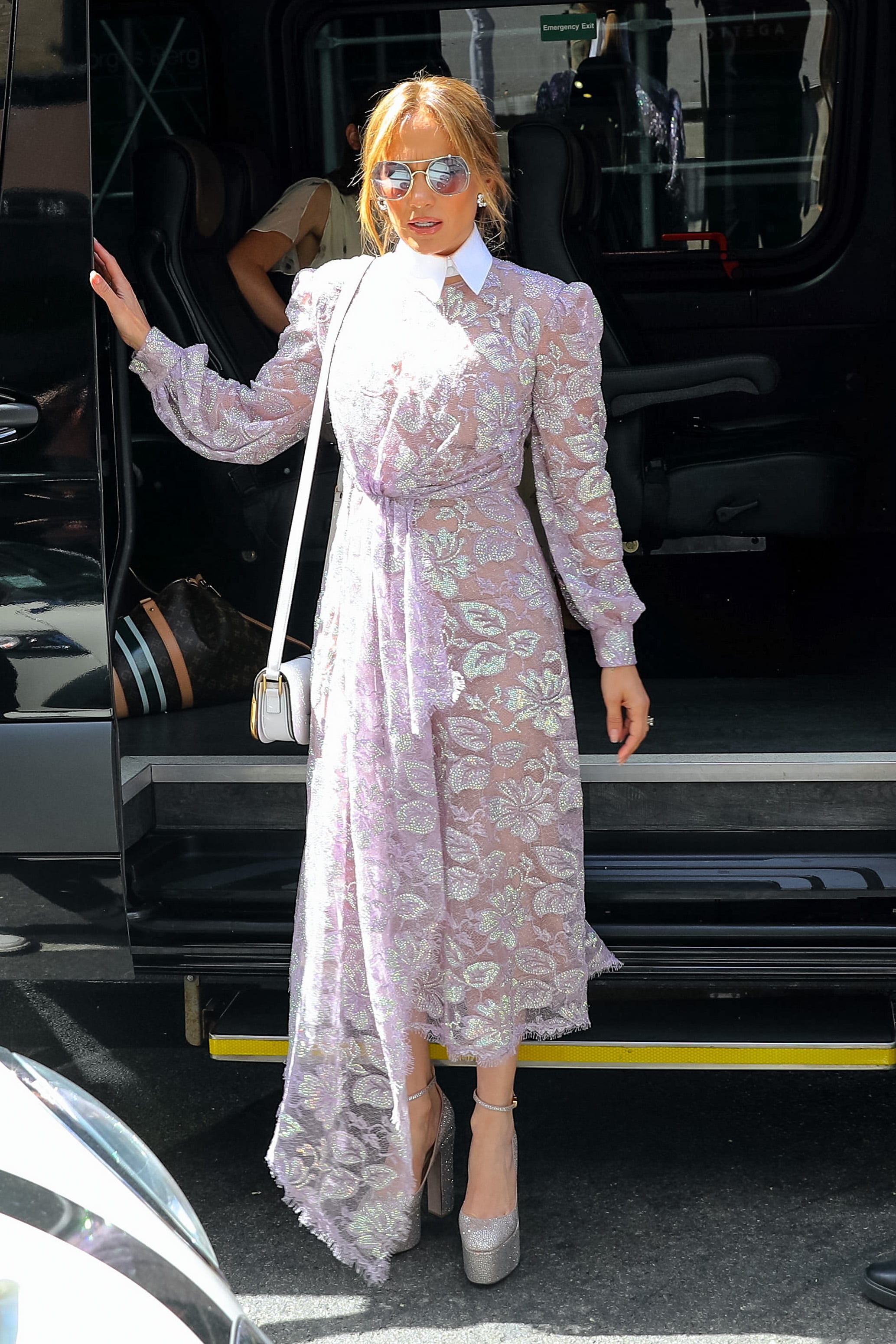 Jennifer Lopez Wears Sheer Lilac Lace Dress | PS Fashion