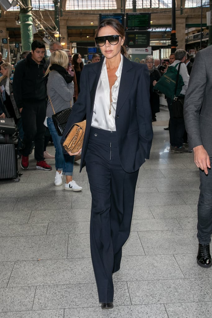 Victoria Beckham Black Suit and Silk Blouse in Paris 2018