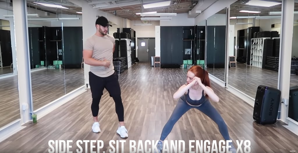 Next up, do side steps with one leg to sit into a wide P.stance, making sure to really sit back while doing so.