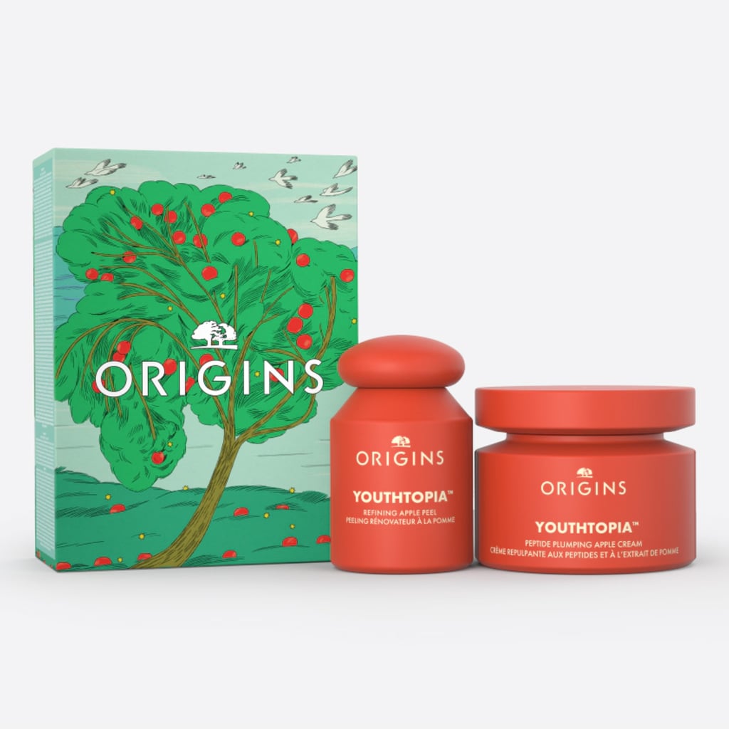 Origins Youthtopia Plumping & Smoothing Essentials Gift Set ($50)
Both of these pretty, coral-packaged formulas tap into apple-derived ingredients to help plump and smooth skin. The two-piece set includes a peel for moments when skin needs extra TLC and a daily moisturizer that hydrates while softening the look of fine lines.