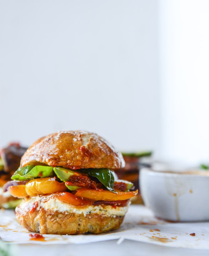 Grilled Veggie Sliders With Goat Cheese Spread and Roasted Red Pepper Vinaigrette