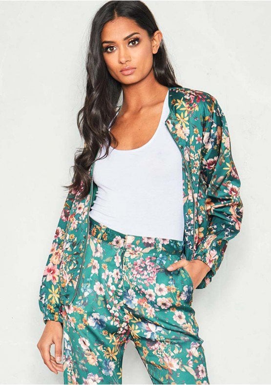 Missy Empire Felicia Green Satin Floral Bomber Jacket