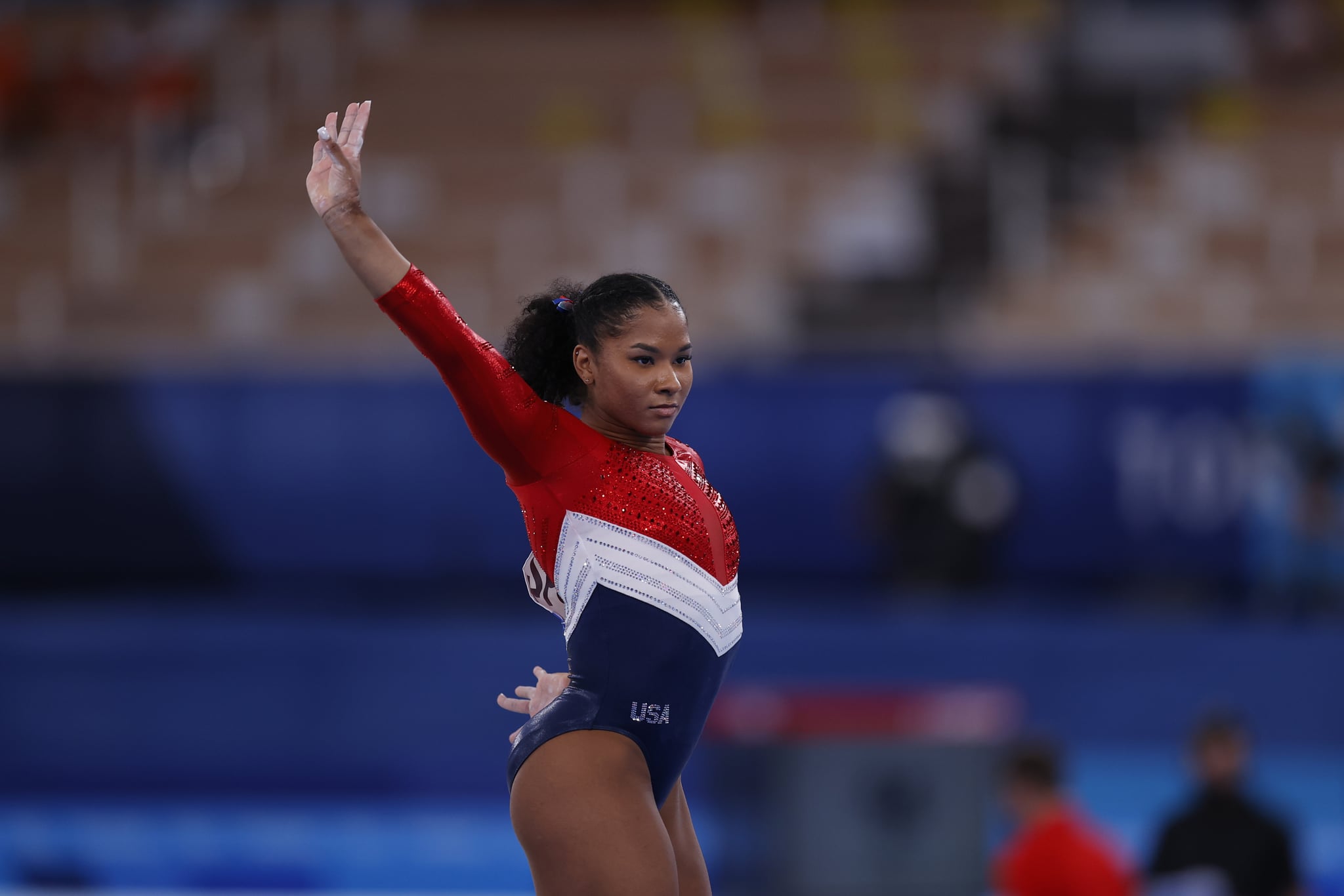 TOKYO, JAPAN - JULY 27: Jordan Chiles of Team United States competes on floor during the Women's team final on day four of the Tokyo 2020 Olympic Games at Ariake Gymnastics Centre on July 27, 2021 in Tokyo, Japan. (Photo by Fred Lee/Getty Images)