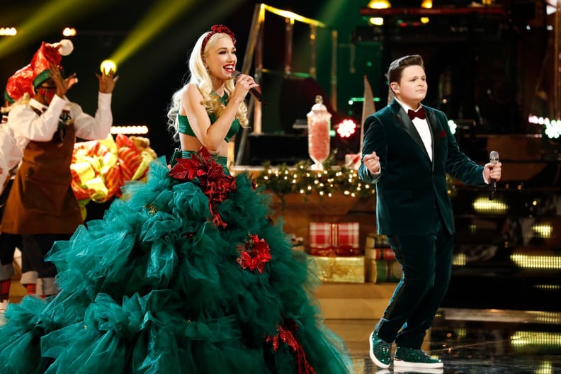 gwen stefani green dress Wardrobe Breakdown: Gwen Stefani Green Sequins Dress On The Voice Semi  Finals