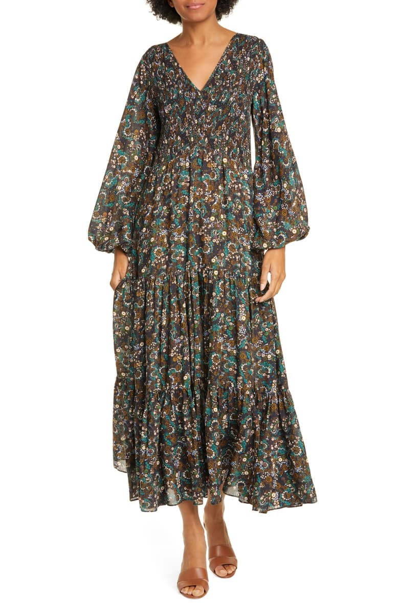 Rixo Brooke Smocked Long Sleeve Maxi Dress